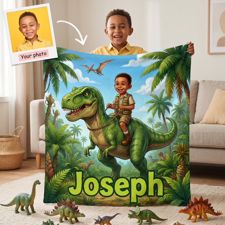 Your photo here - your child's photo turned into a Dino Rider portrait on a king size fleece blanket