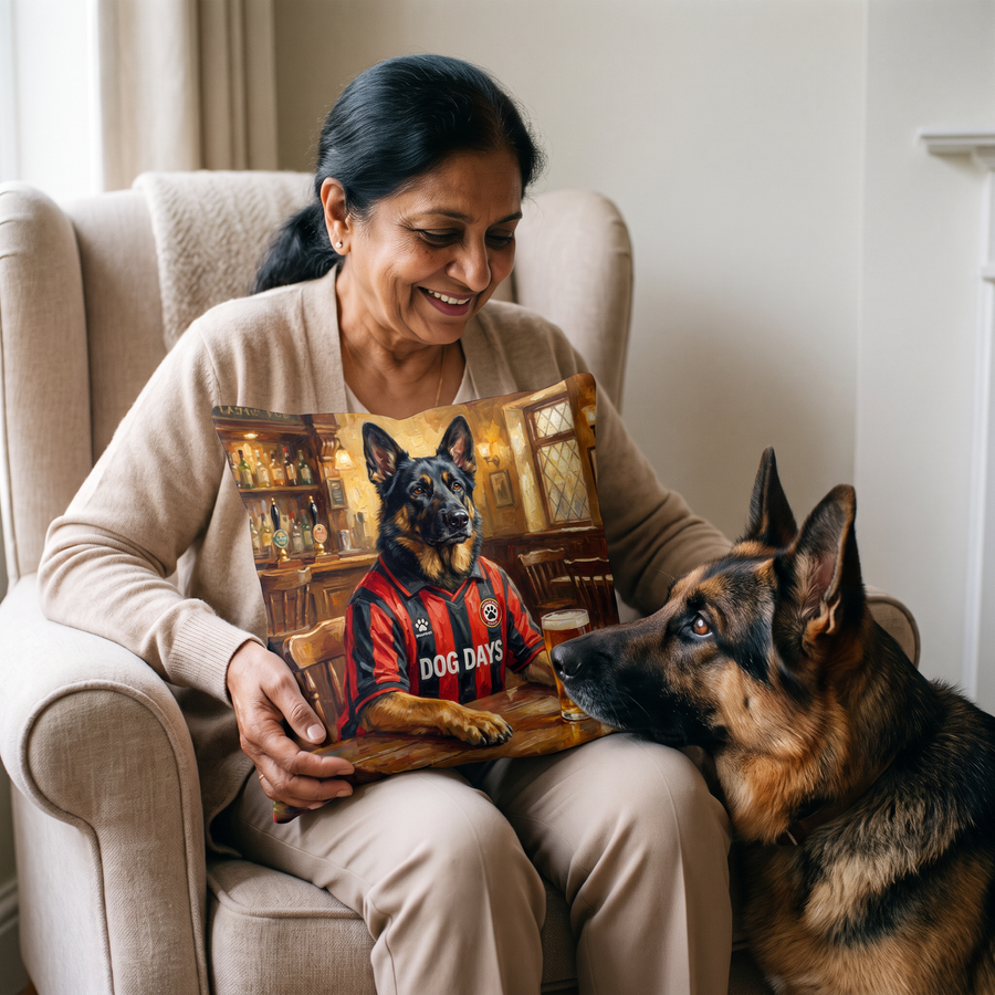 Bonemouth pet portrait cushion 26cm x 26cm being enjoyed at home