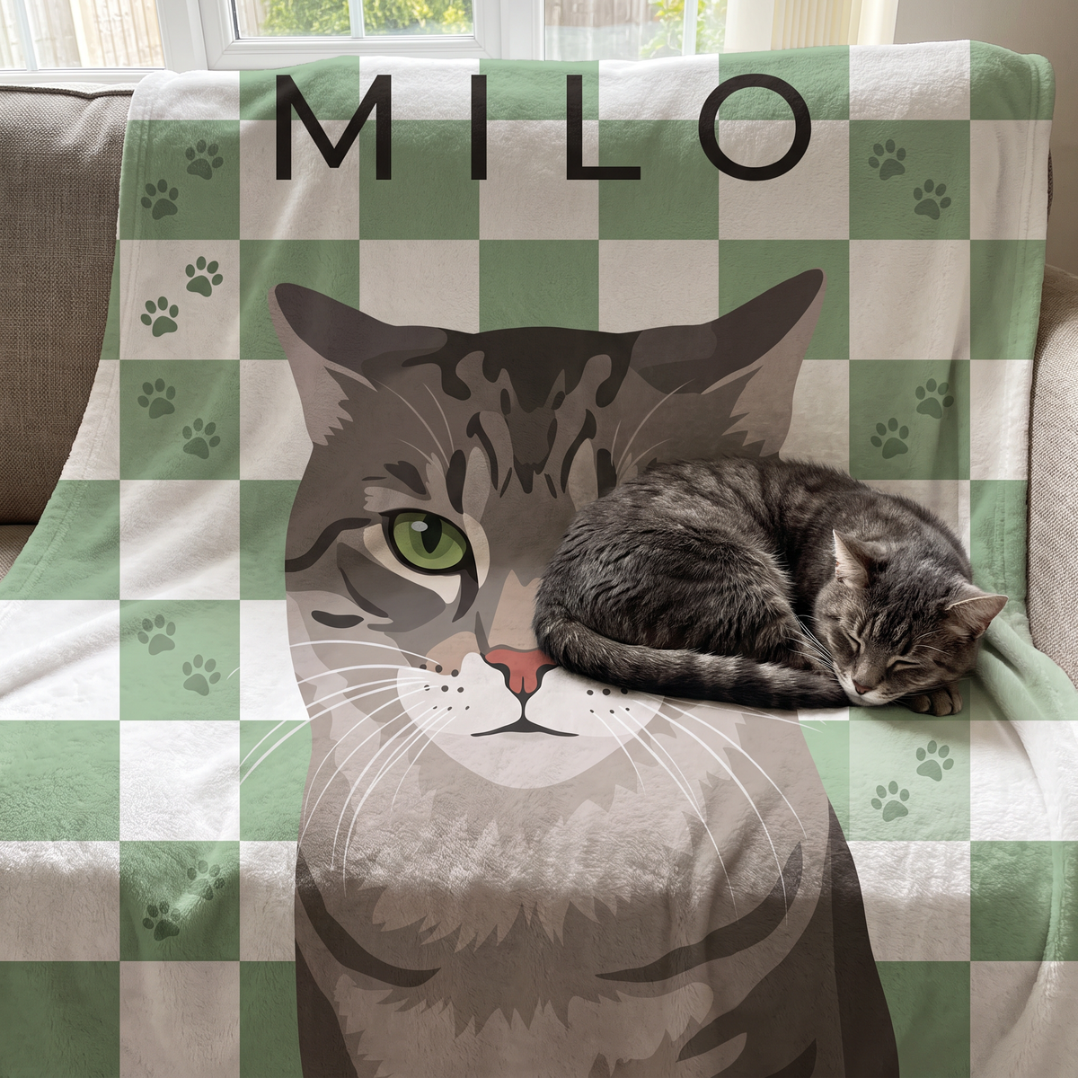 Paw Print Checkerboard personalised blanket at home with the real pet