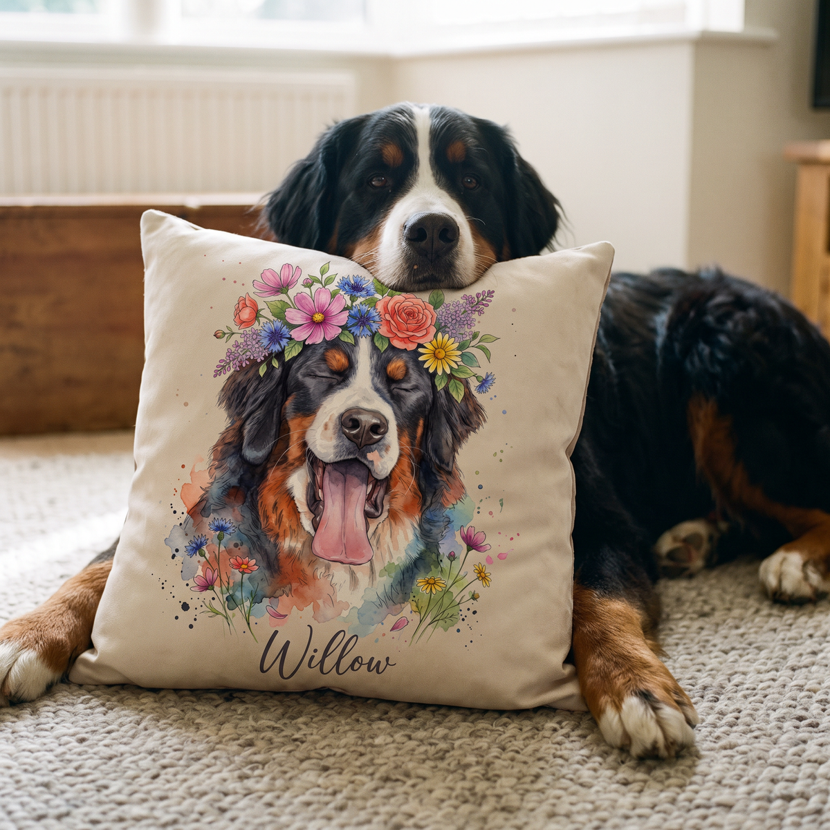 Flower Crown personalised pet cushion with the real pet