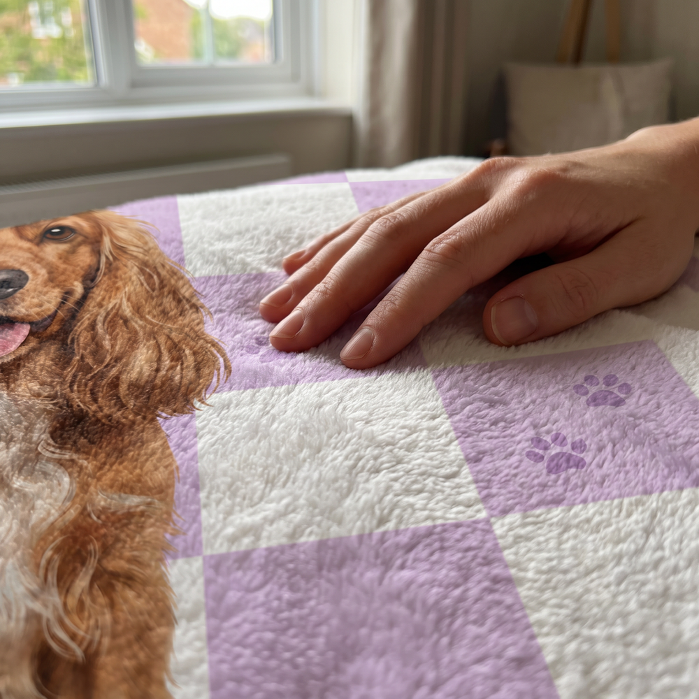 Close up of a hand on the ultra soft plush fleece showing the Paw Print Checkerboard print