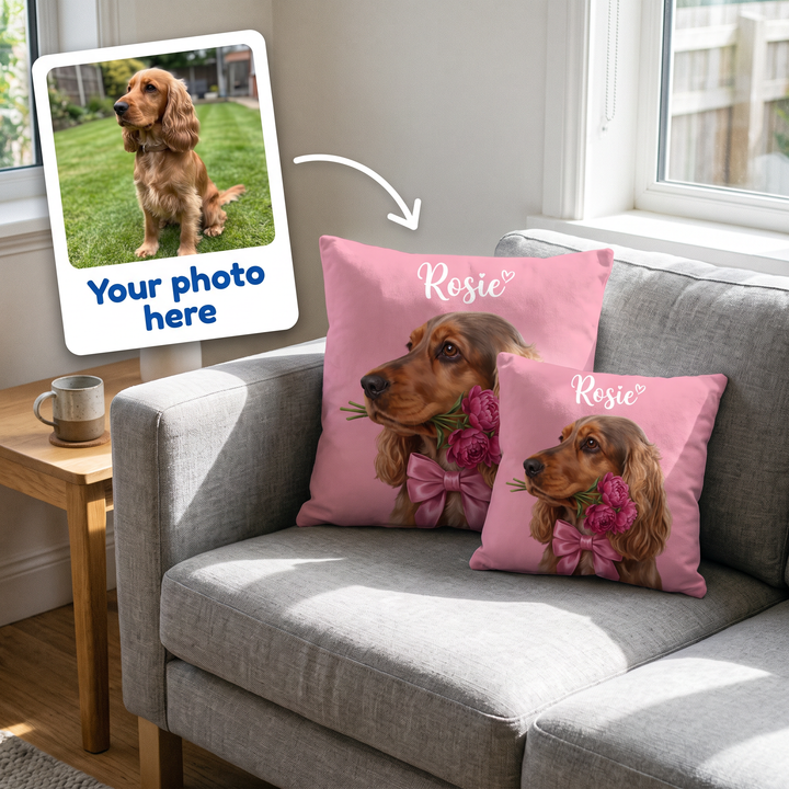 Your photo here - your pet's photo turned into a Sweetheart portrait on a personalised cushion