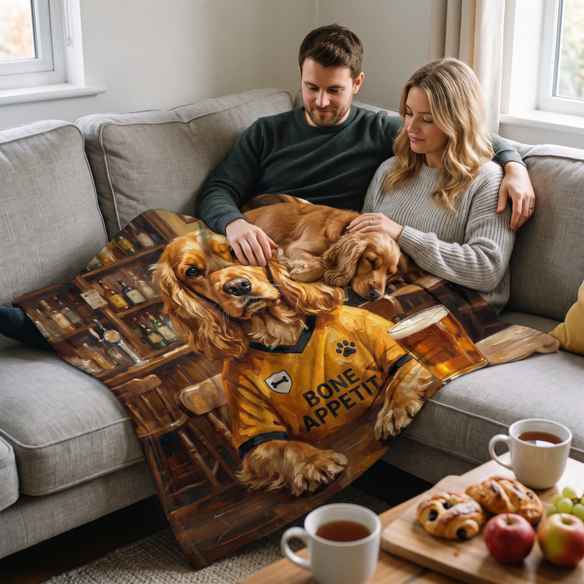 Woofverhampton Wanderers pet portrait king size fleece throw being enjoyed