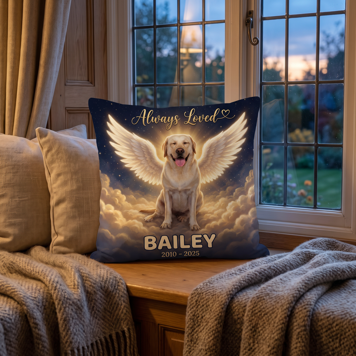 Heavenly Clouds Memorial portrait cushion 26cm x 26cm being enjoyed at home