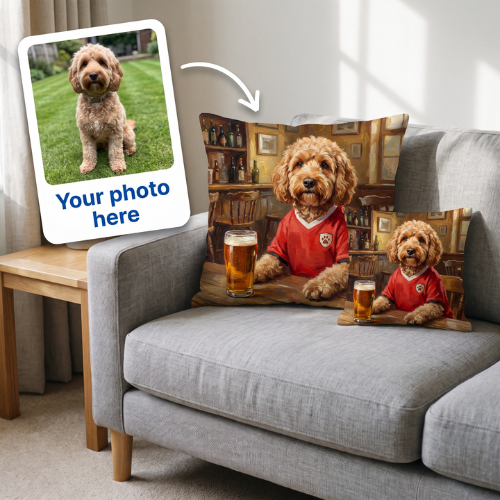 Your photo here - your pet's photo turned into a Petchester United portrait on a personalised cushion