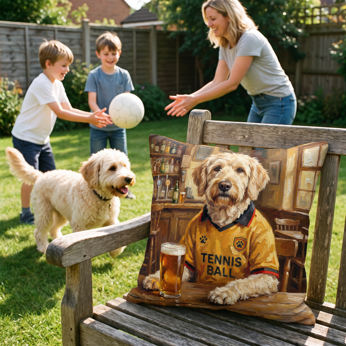Wagford pet portrait cushion 45cm x 45cm in a family home with the real pet