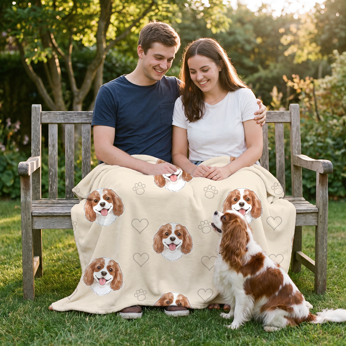 Watercolour Pattern pet portrait king size fleece throw being enjoyed