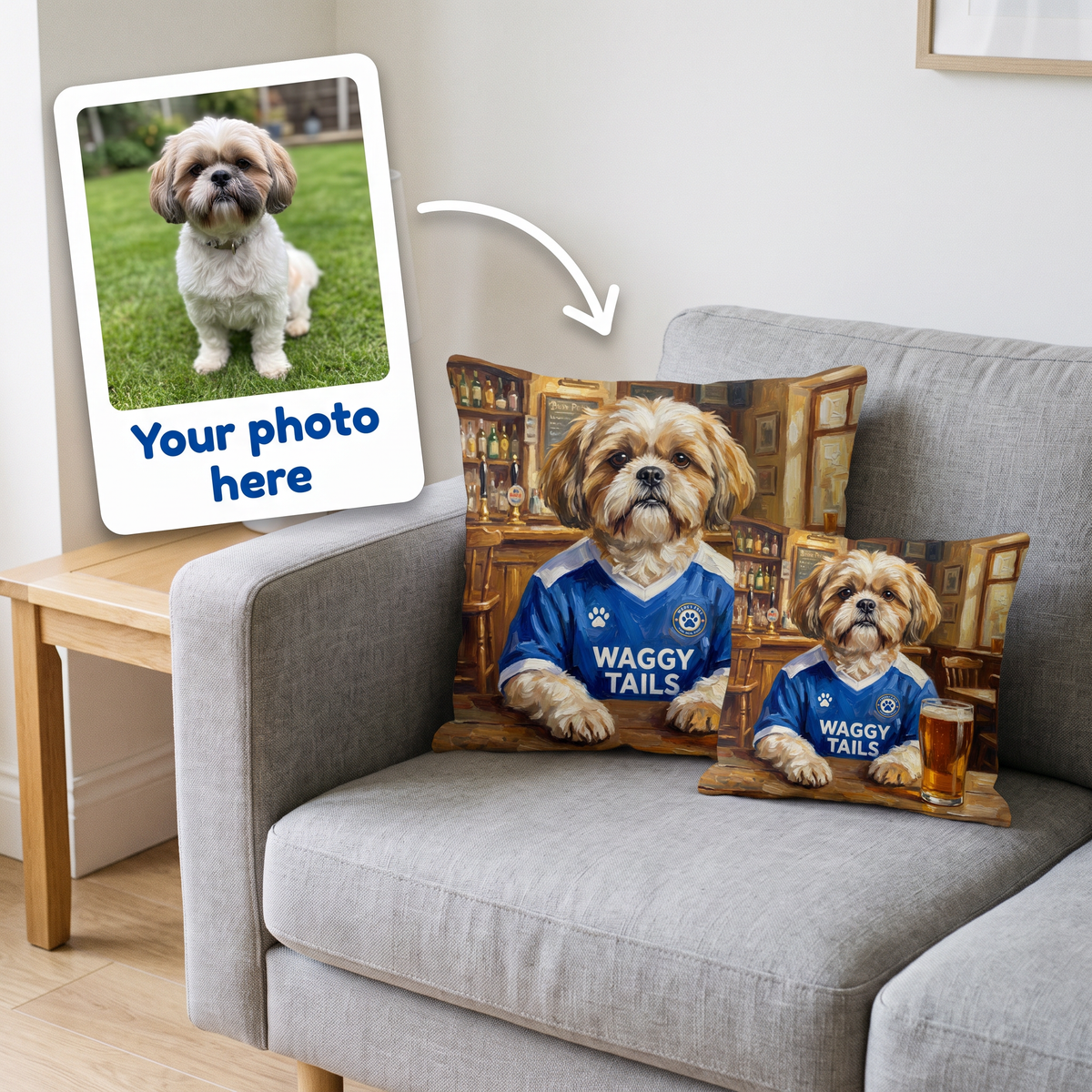 Your photo here - your pet's photo turned into a Birminghound City portrait on a personalised cushion
