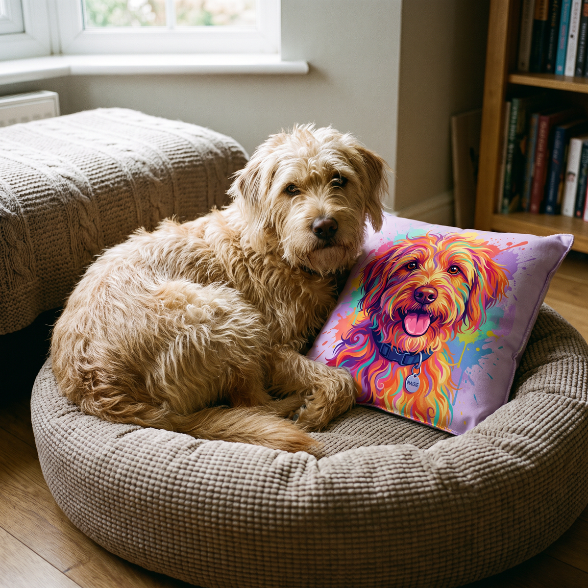 Paint Splash personalised pet cushion with the real pet