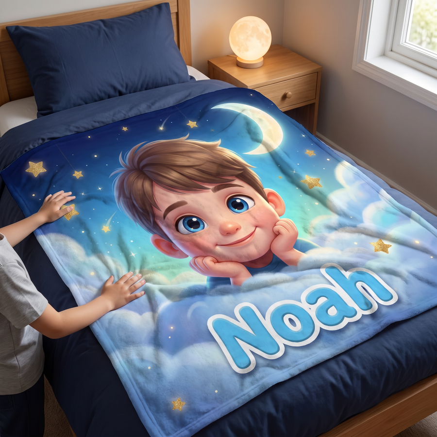 Dreamy Clouds Blue portrait fleece blanket in a cosy lifestyle setting