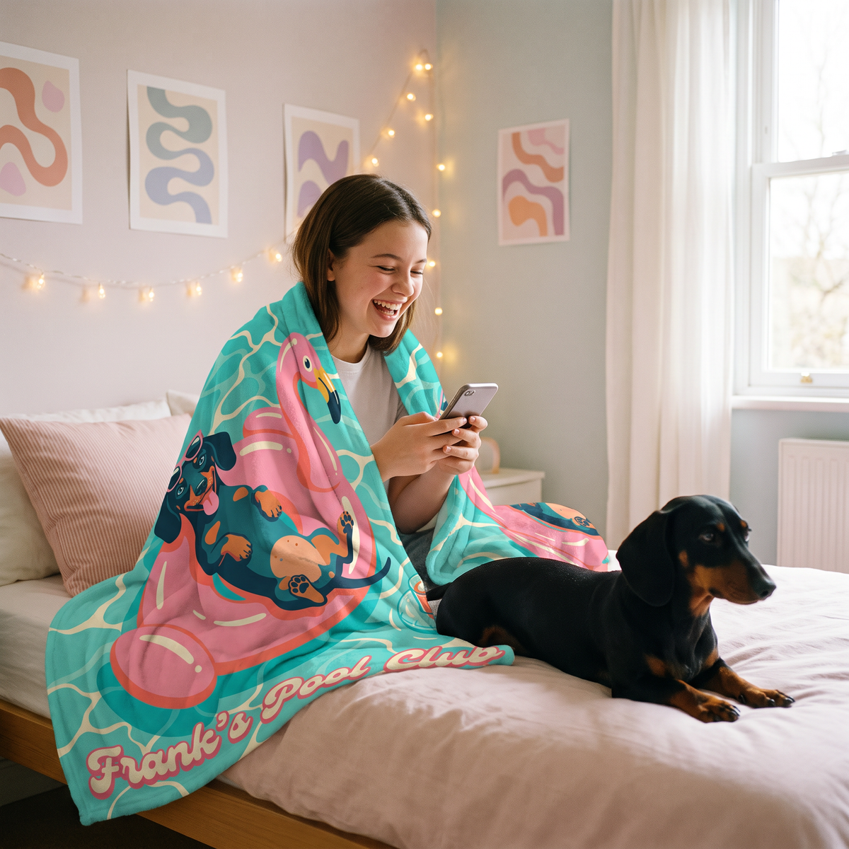 Teenage girl wrapped in a Pool Club dachshund blanket on her bed with her dog