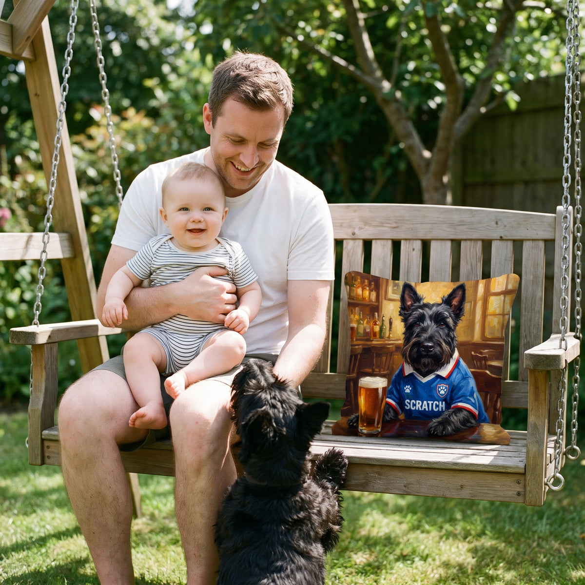 Glasgow Wrangers pet portrait cushion 26cm x 26cm being enjoyed at home