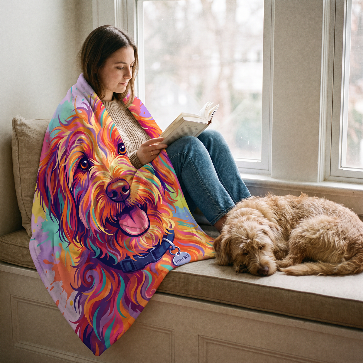 Paint Splash personalised pet blanket at home with the real pet