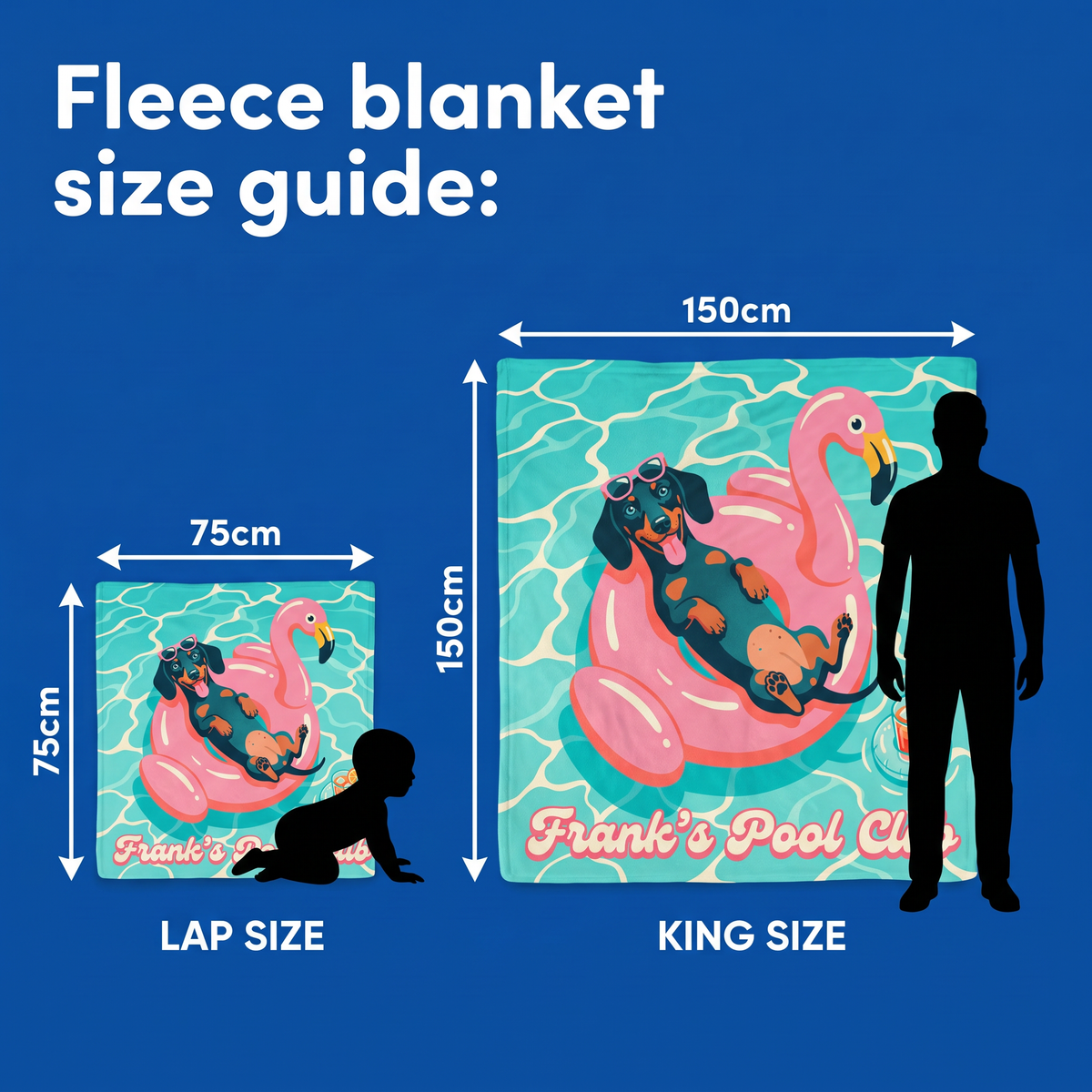 Fleece blanket size guide - Lap Size 75cm x 75cm and King Size 150cm x 150cm