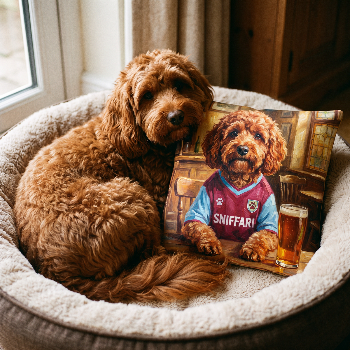 Pawston Villa personalised pet cushion with the real pet