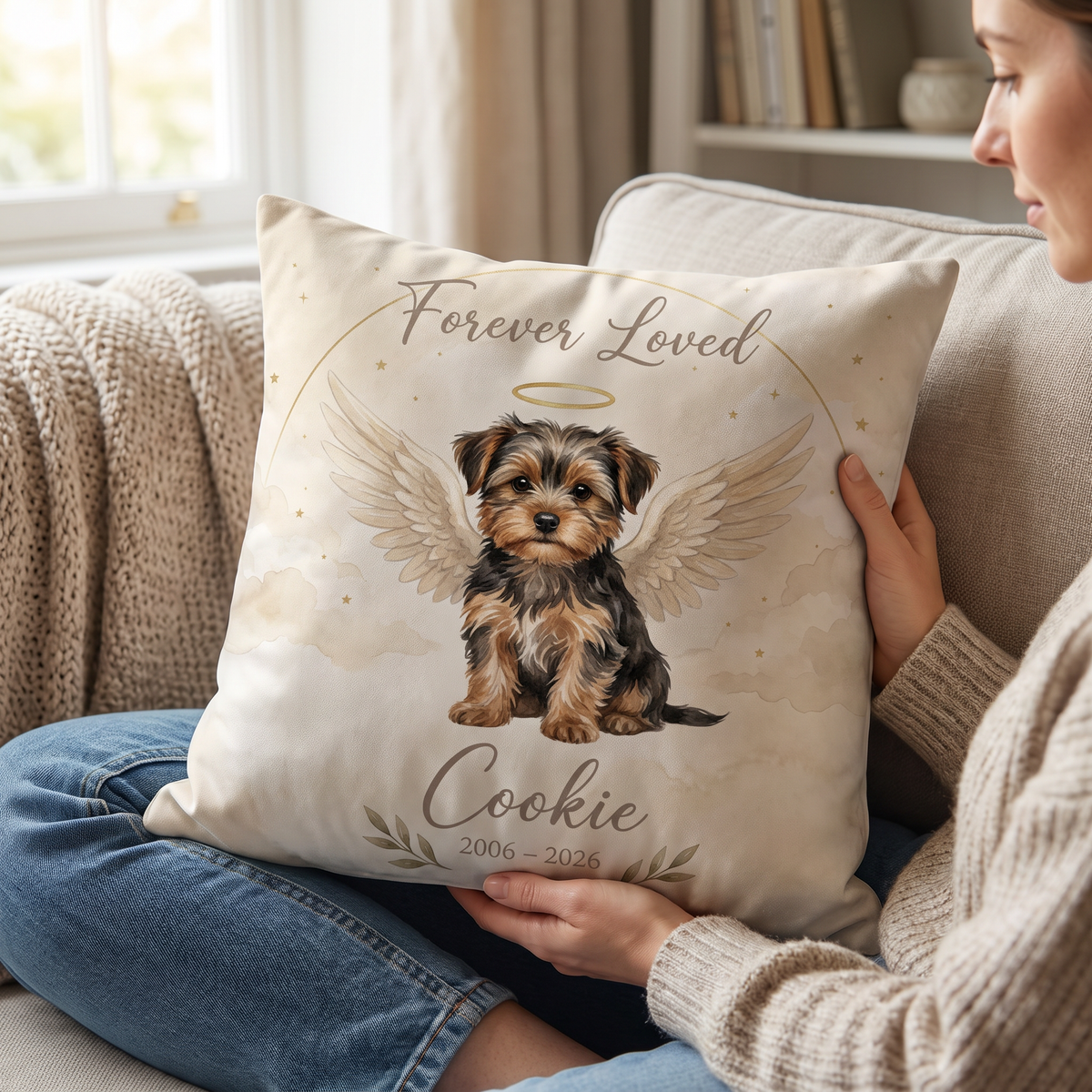Angel Wings Memorial personalised cushion at home