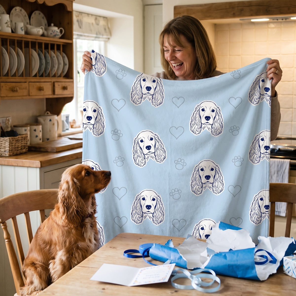 Sketch Line Pattern pet portrait king size fleece throw being enjoyed