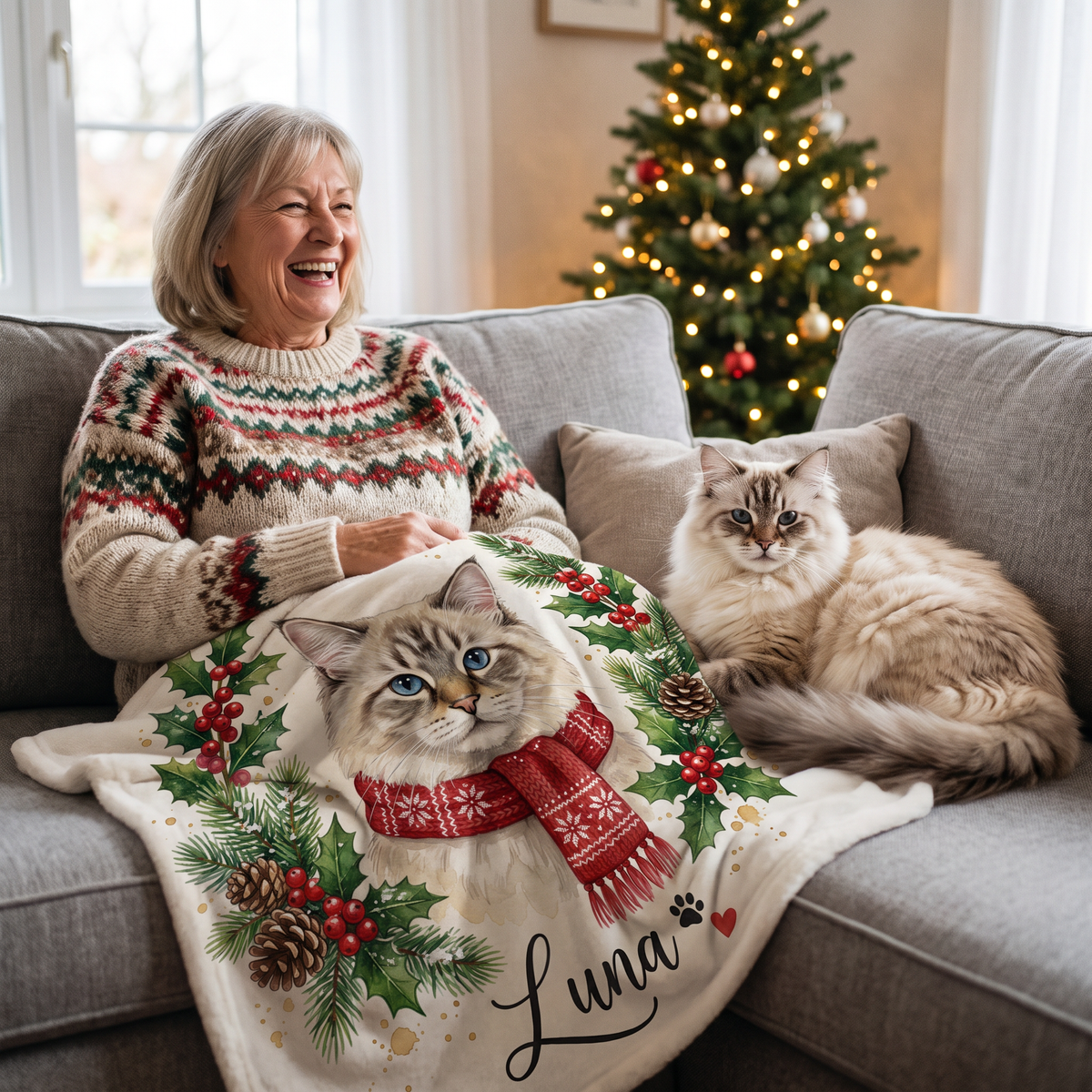 Christmas Holly Wreath pet portrait king size fleece throw being enjoyed
