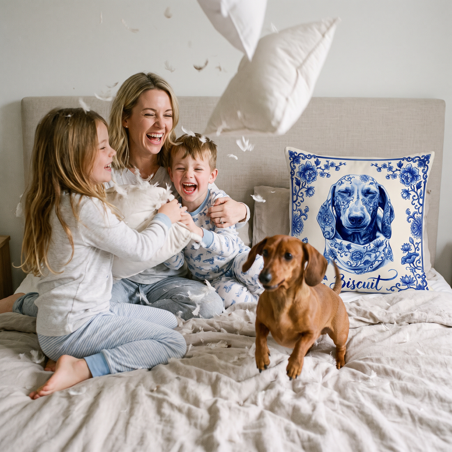 Porcelain pet portrait cushion 45cm x 45cm in a family home with the real pet