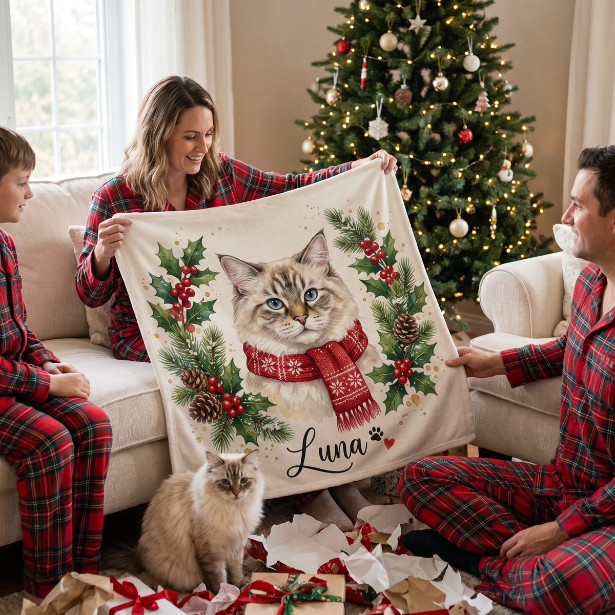 Christmas Holly Wreath pet portrait fleece blanket in a cosy lifestyle setting