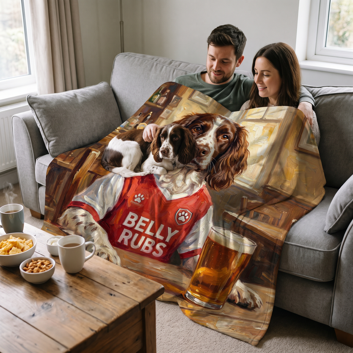 Barksenal pet portrait king size fleece throw being enjoyed