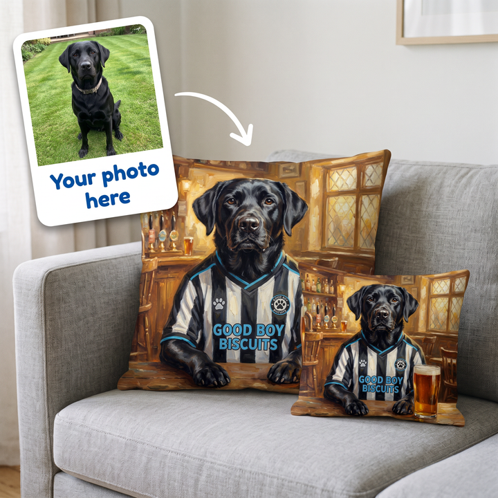 Your photo here - your pet's photo turned into a Petcastle United portrait on a personalised cushion