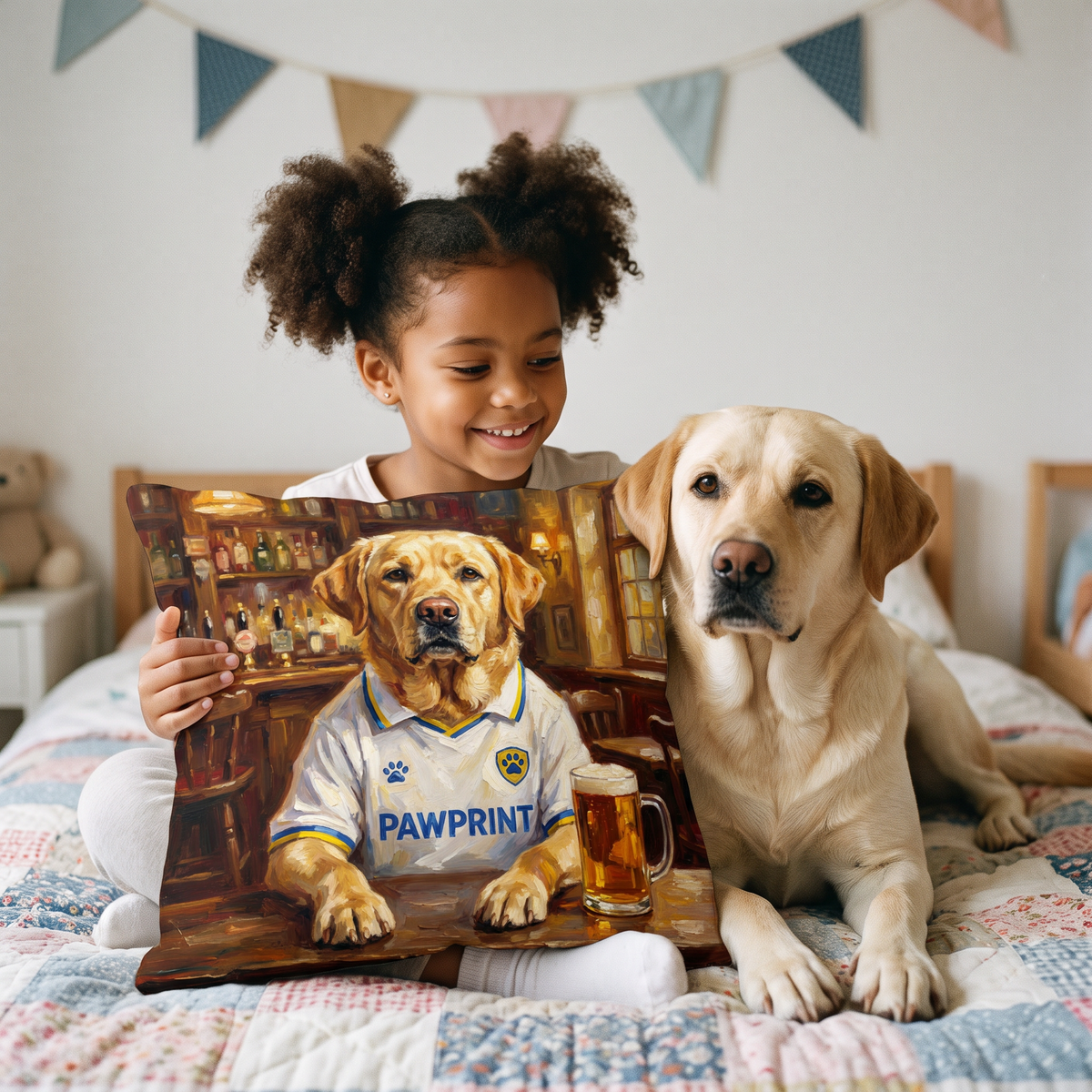 Leads United pet portrait cushion 26cm x 26cm being enjoyed at home