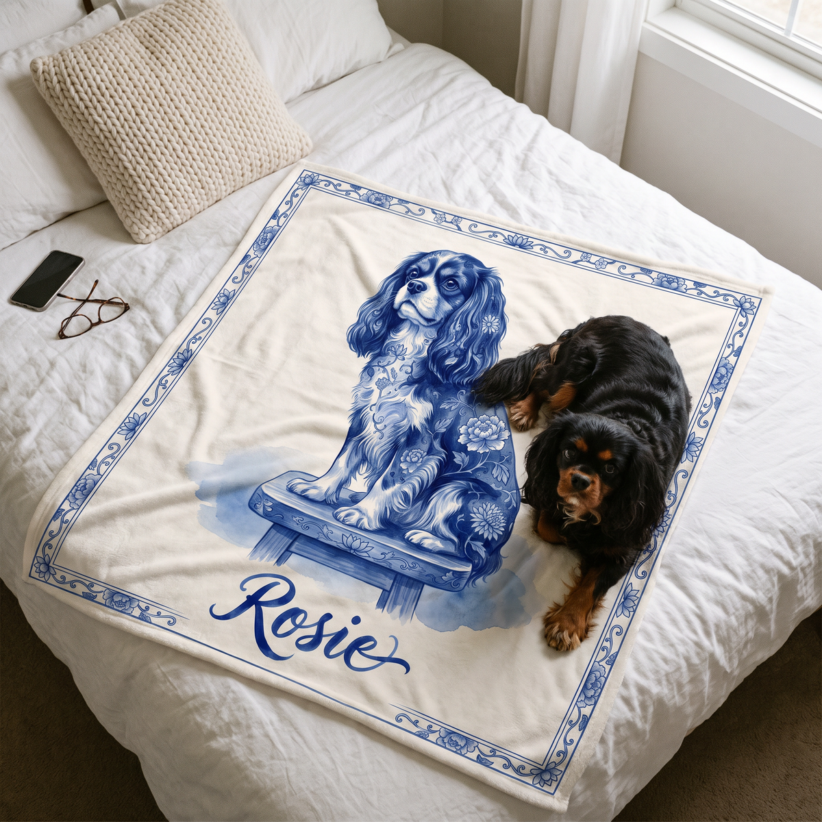 King size porcelain pet portrait fleece blanket spread across a double bed with a cavalier spaniel