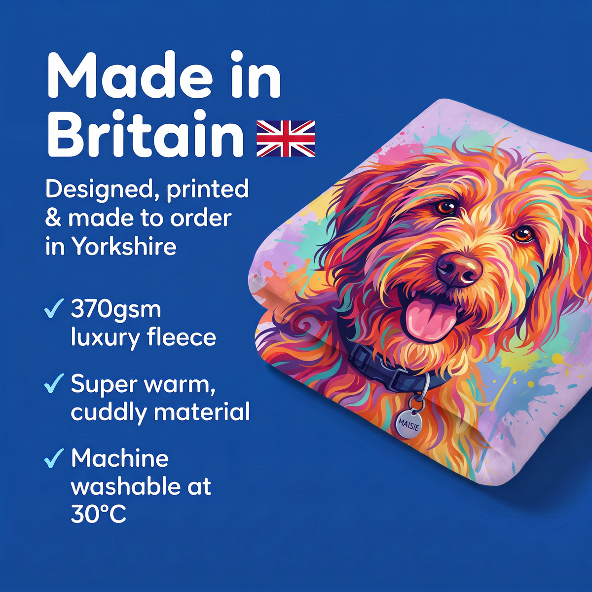 Made in Britain - designed, printed and made to order in Yorkshire, super warm cuddly fleece