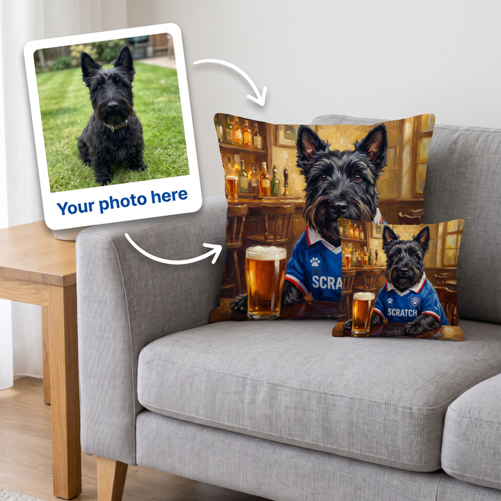 Your photo here - your pet's photo turned into a Glasgow Wrangers portrait on a personalised cushion