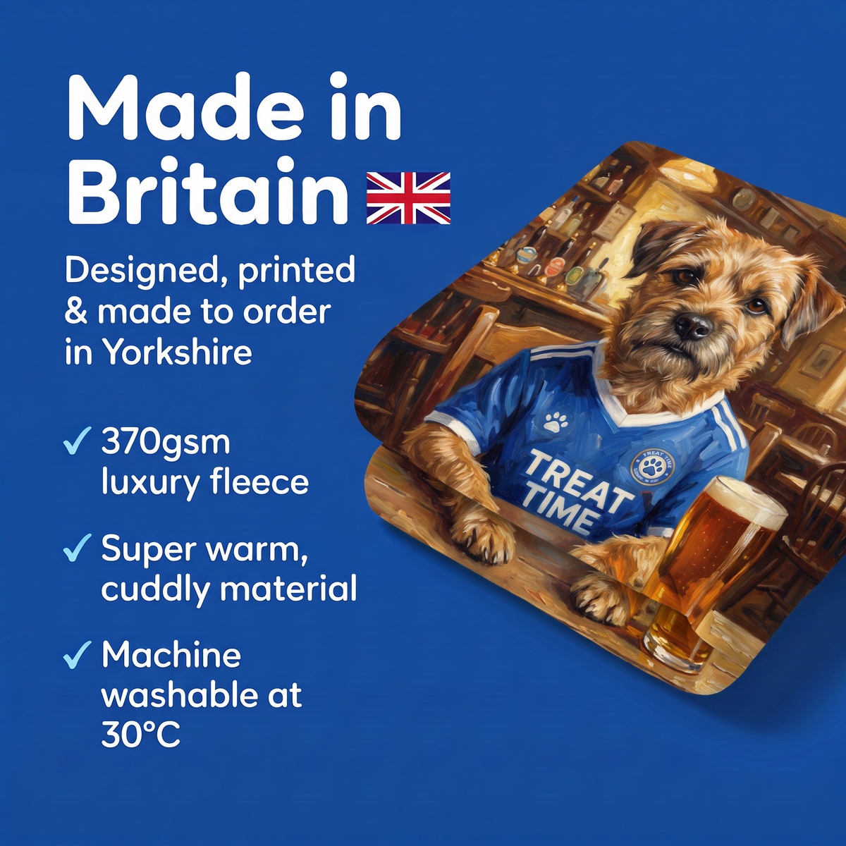 Made in Britain - designed, printed and made to order in Yorkshire, super warm cuddly fleece