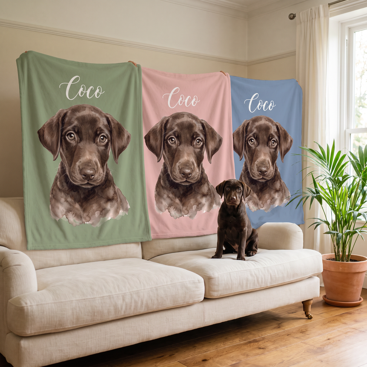 The watercolour pet portrait blanket in sage green, blush pink and dusky blue