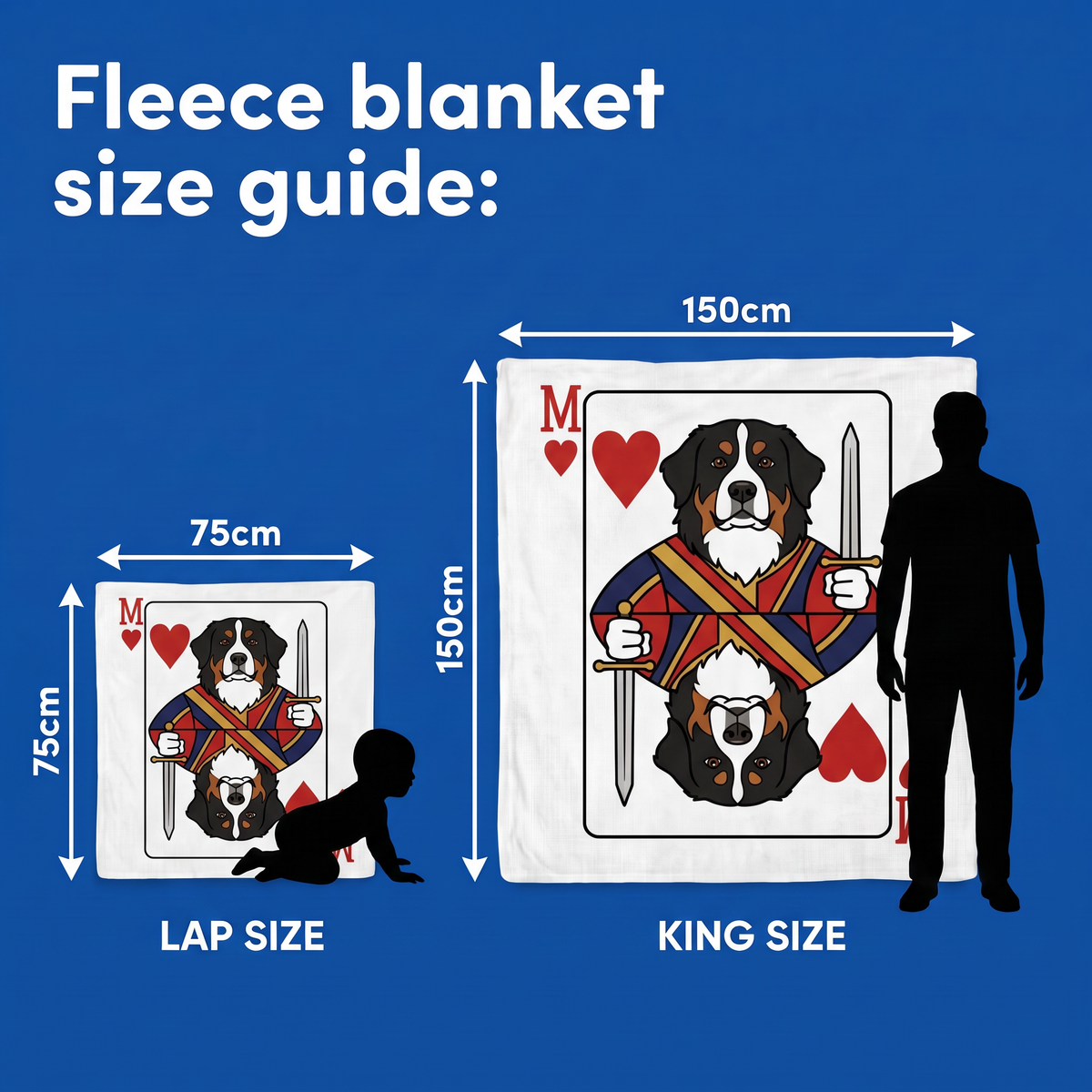 Fleece blanket size guide - Lap Size 75cm x 75cm and King Size 150cm x 150cm
