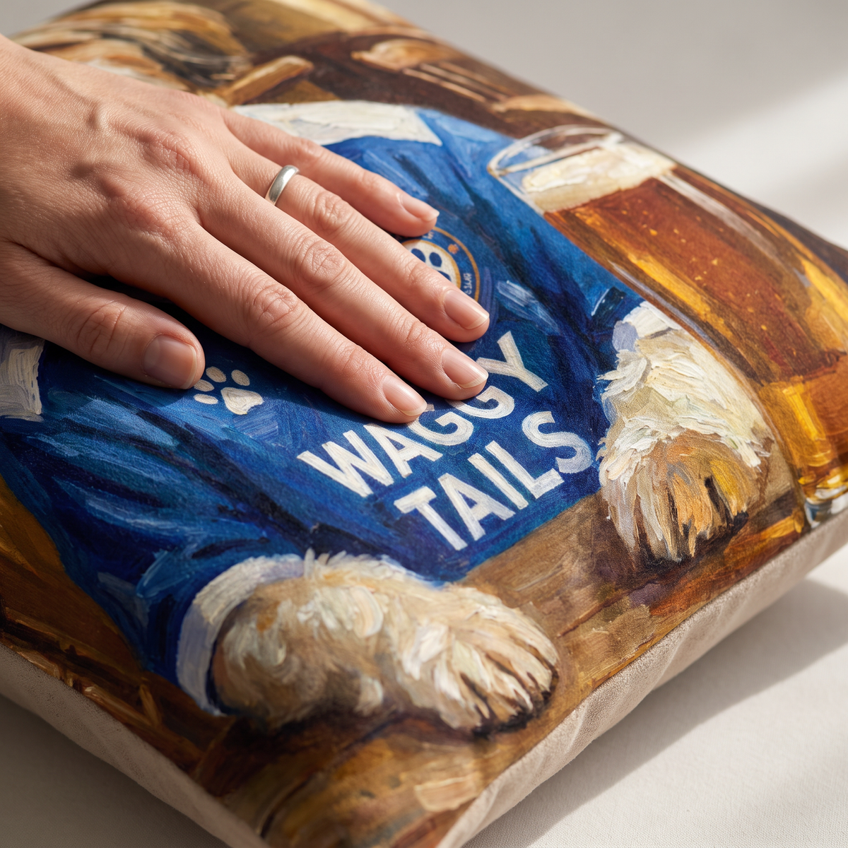Close up of a hand on the soft-touch faux suede showing the Birminghound City print