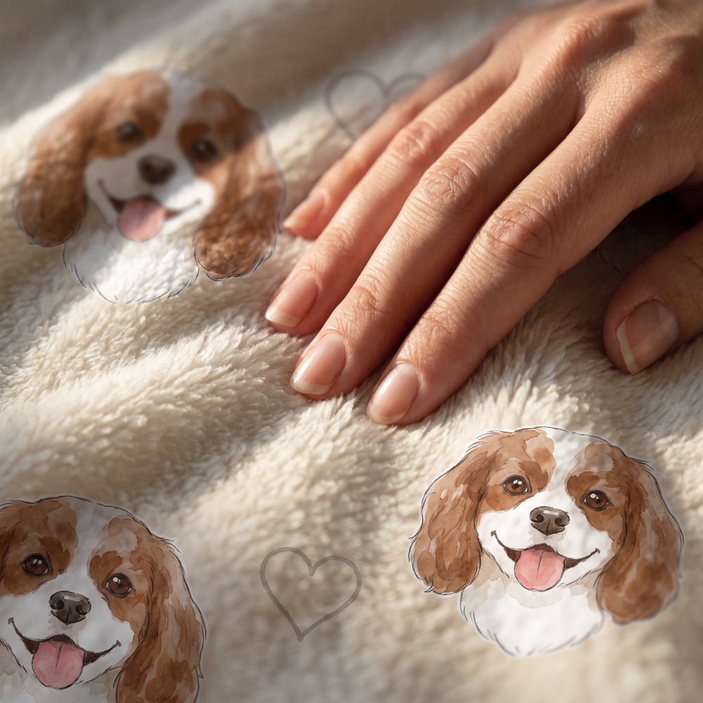 Close up of a hand on the ultra soft plush fleece showing the Watercolour Pattern print