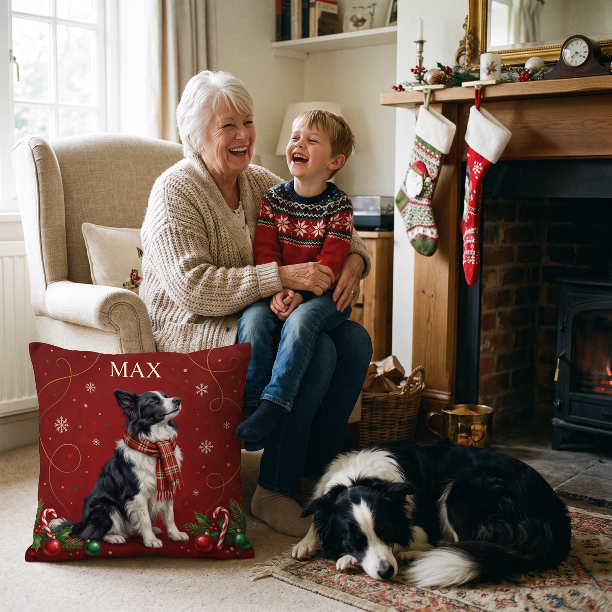 Christmas Tartan Scarf pet portrait cushion 45cm x 45cm in a family home with the real pet