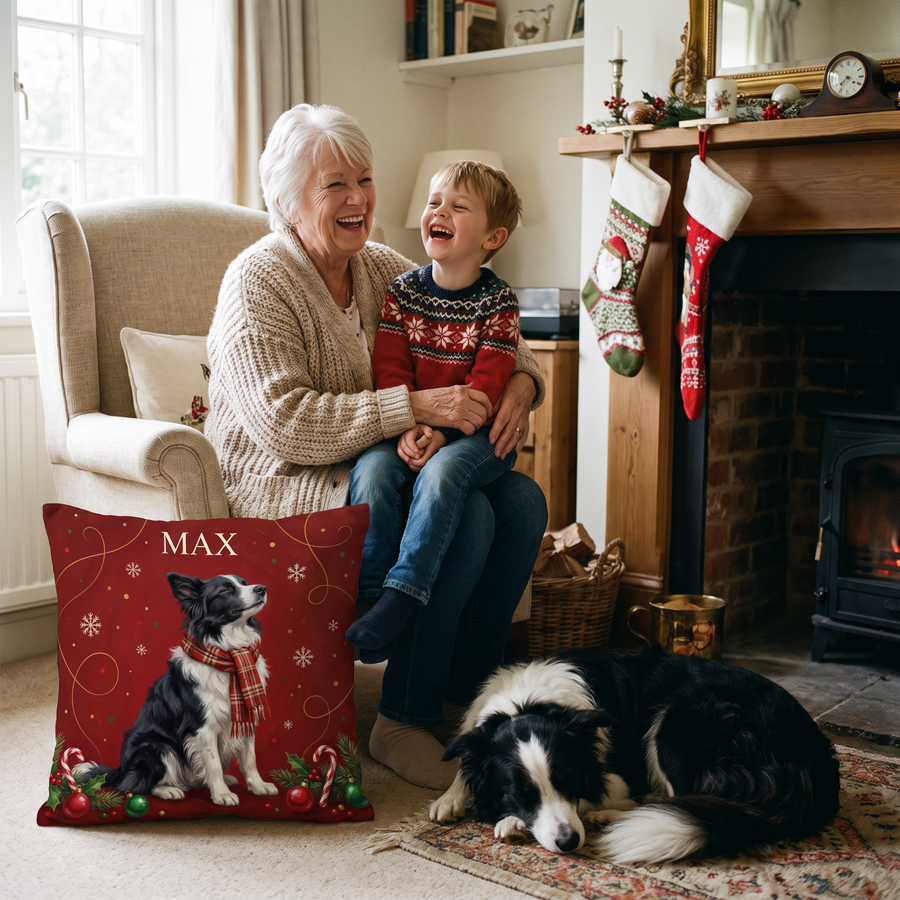 Christmas Tartan Scarf pet portrait cushion 45cm x 45cm in a family home with the real pet