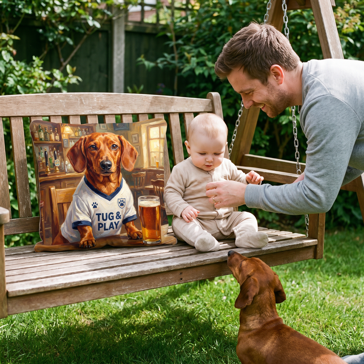 Pawtenham Hotspur pet portrait cushion 26cm x 26cm being enjoyed at home