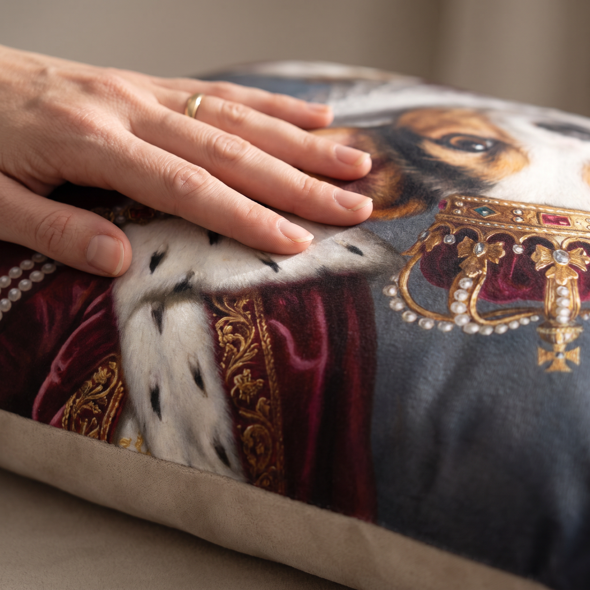 Close up of a hand on the soft-touch faux suede showing the Royal print