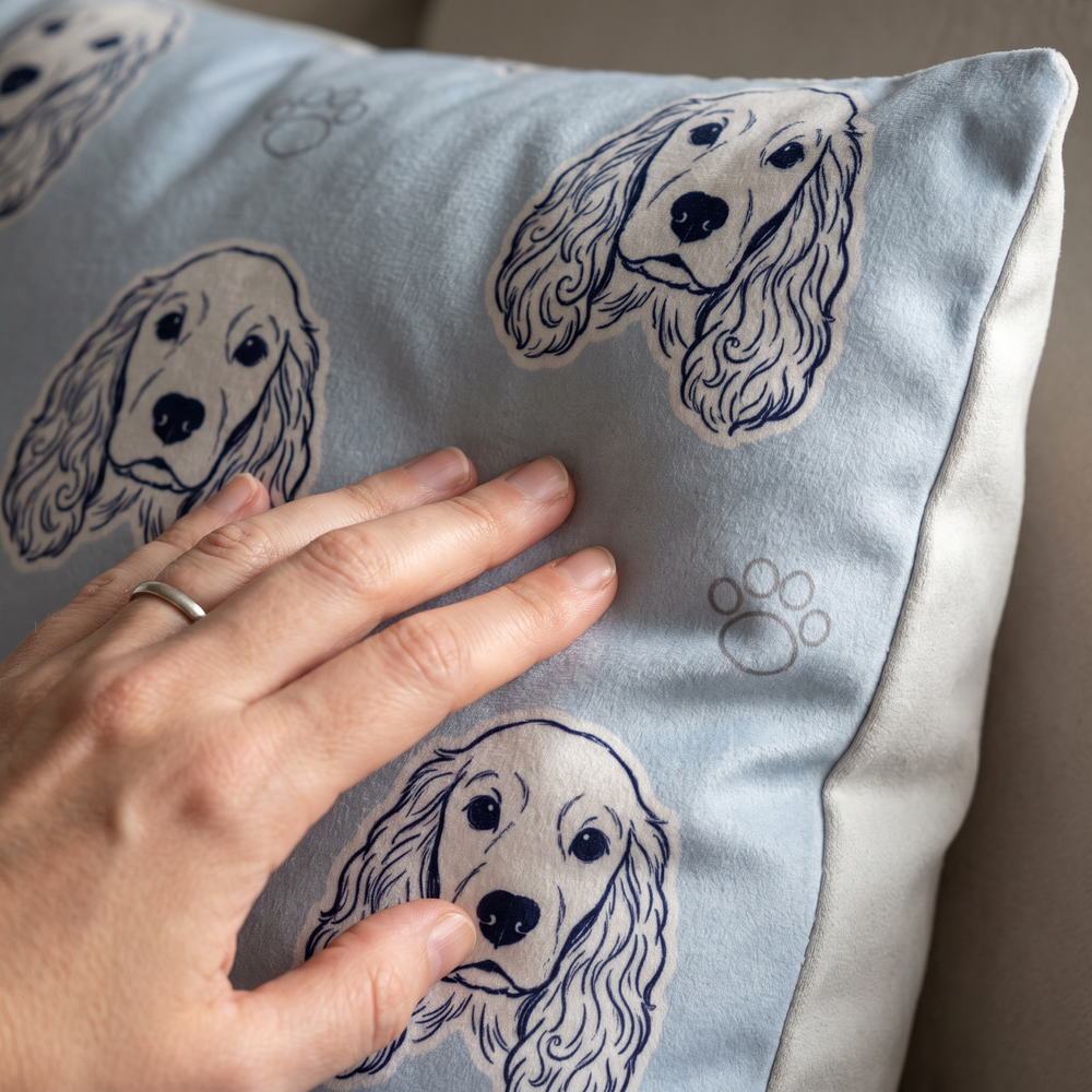 Close up of a hand on the soft-touch faux suede showing the Sketch Line Pattern print