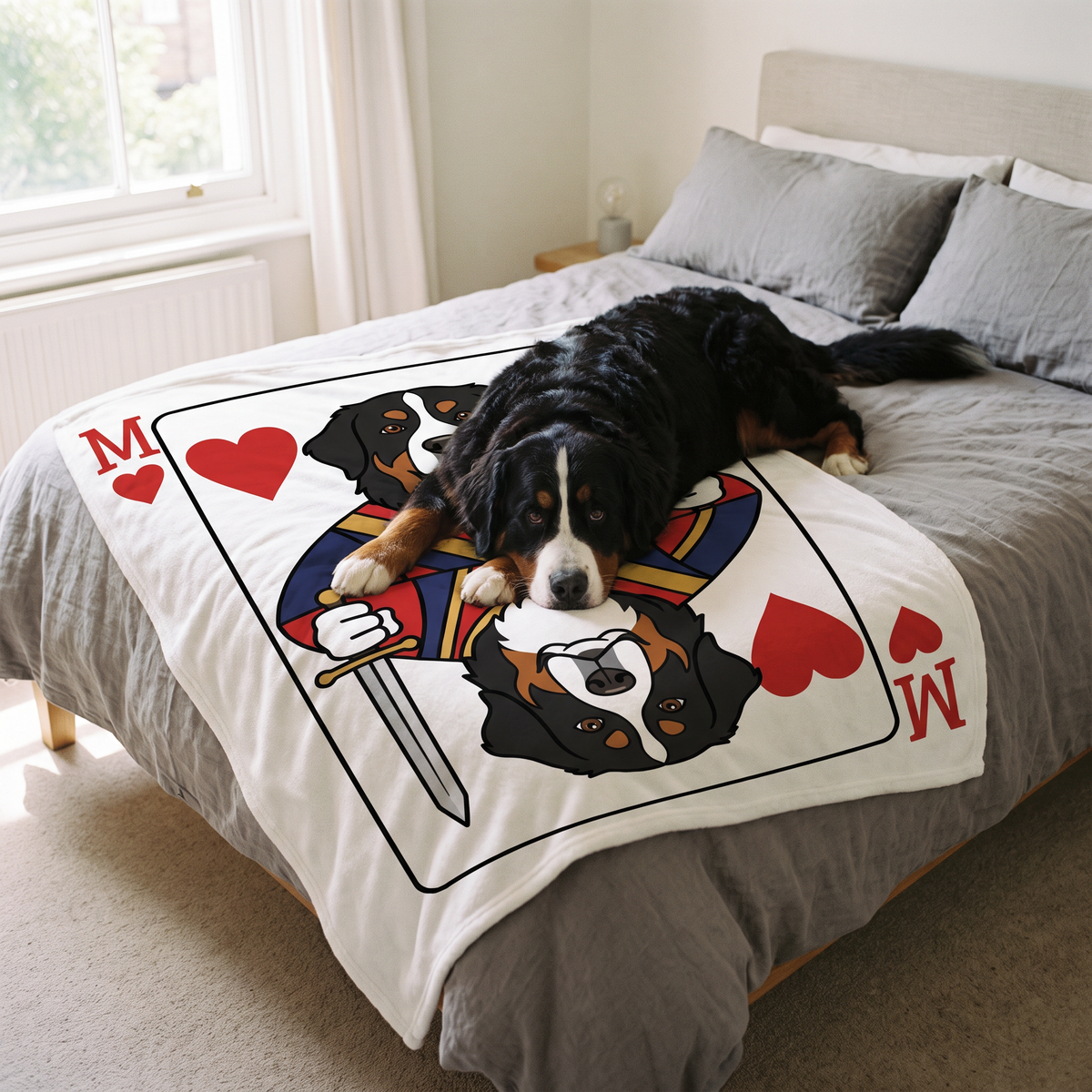 Playing Card personalised pet blanket at home with the real pet