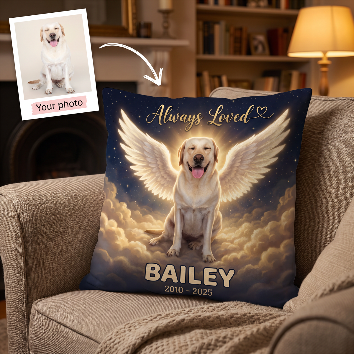 Your photo here - your pet's photo turned into a Heavenly Clouds Memorial portrait on a personalised cushion