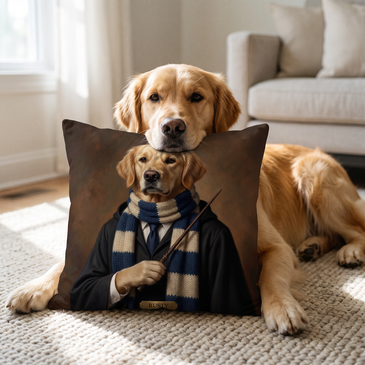 Wizard School personalised pet cushion with the real pet