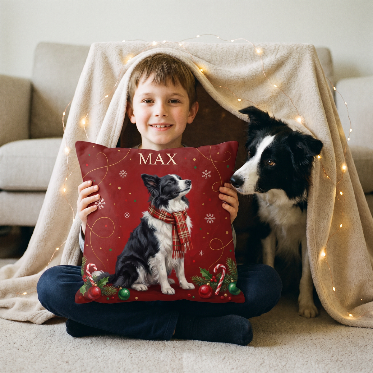 Christmas Tartan Scarf pet portrait cushion 26cm x 26cm being enjoyed at home