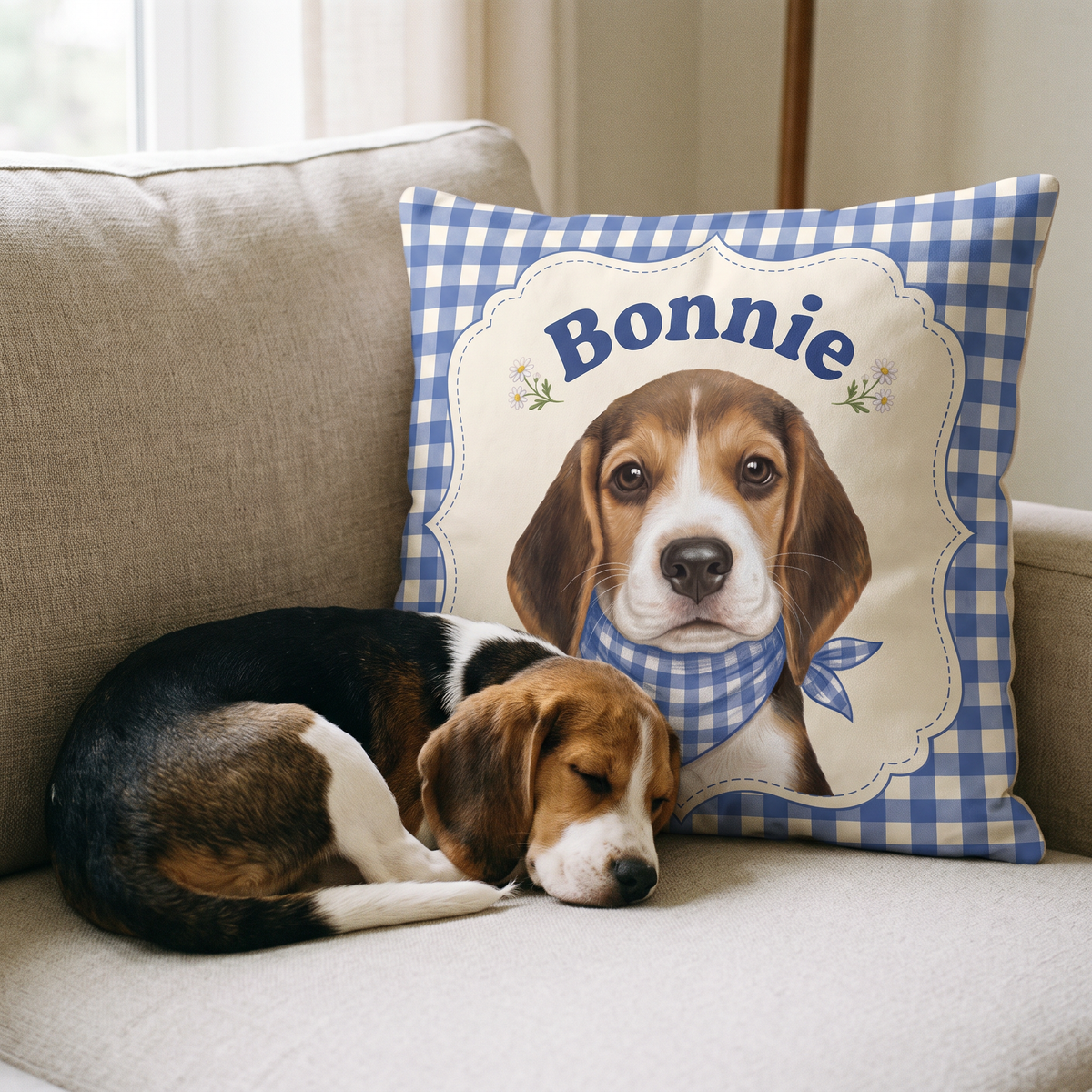 Picnic Gingham personalised pet cushion with the real pet