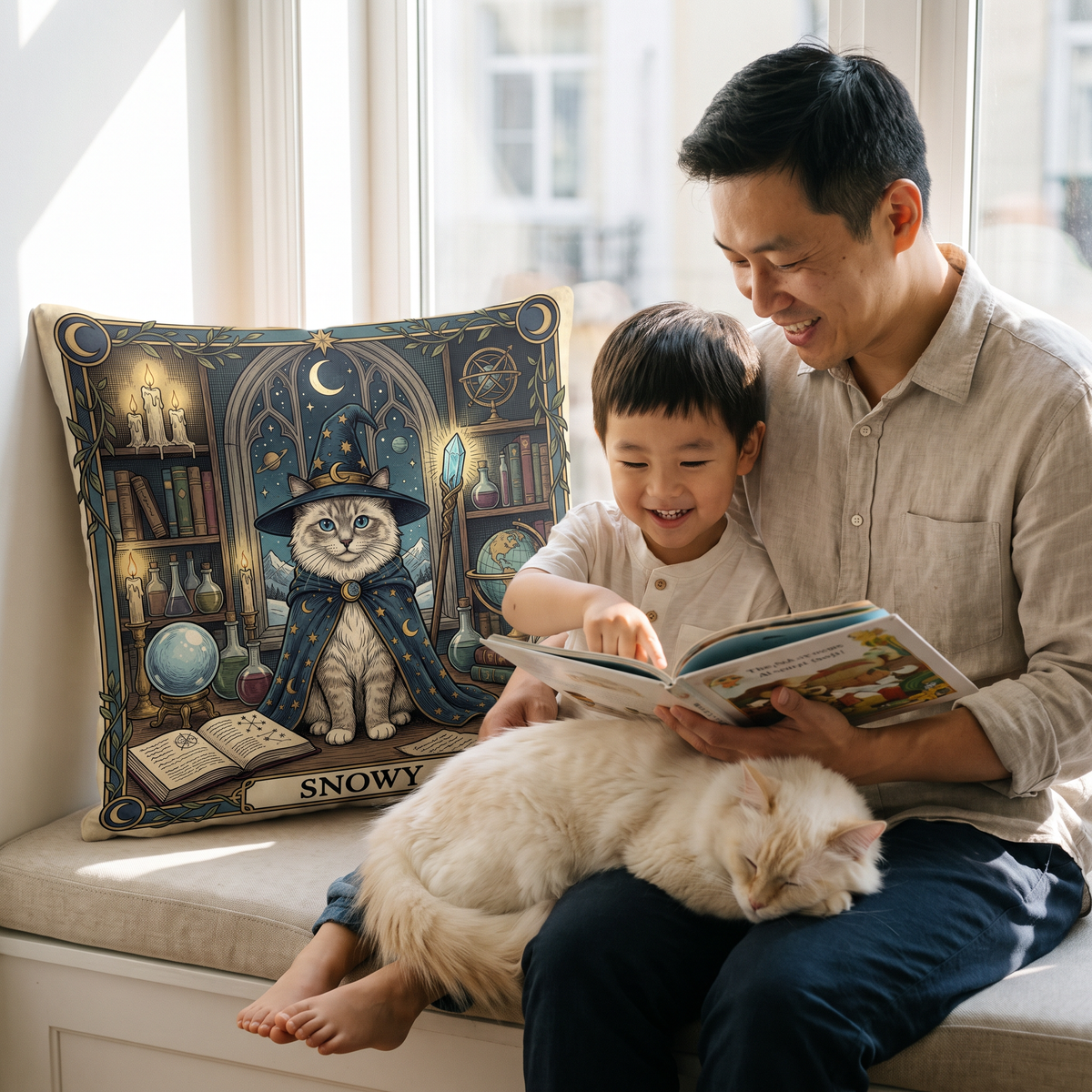 Tarot Card pet portrait cushion 45cm x 45cm in a family home with the real pet