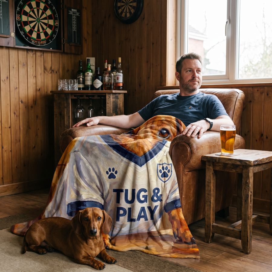 Pawtenham Hotspur pet portrait fleece blanket in a cosy lifestyle setting