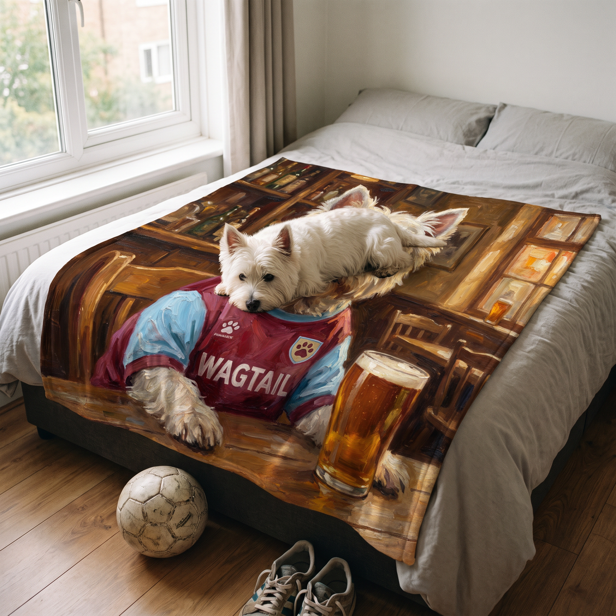 Westie Ham United personalised pet blanket at home with the real pet