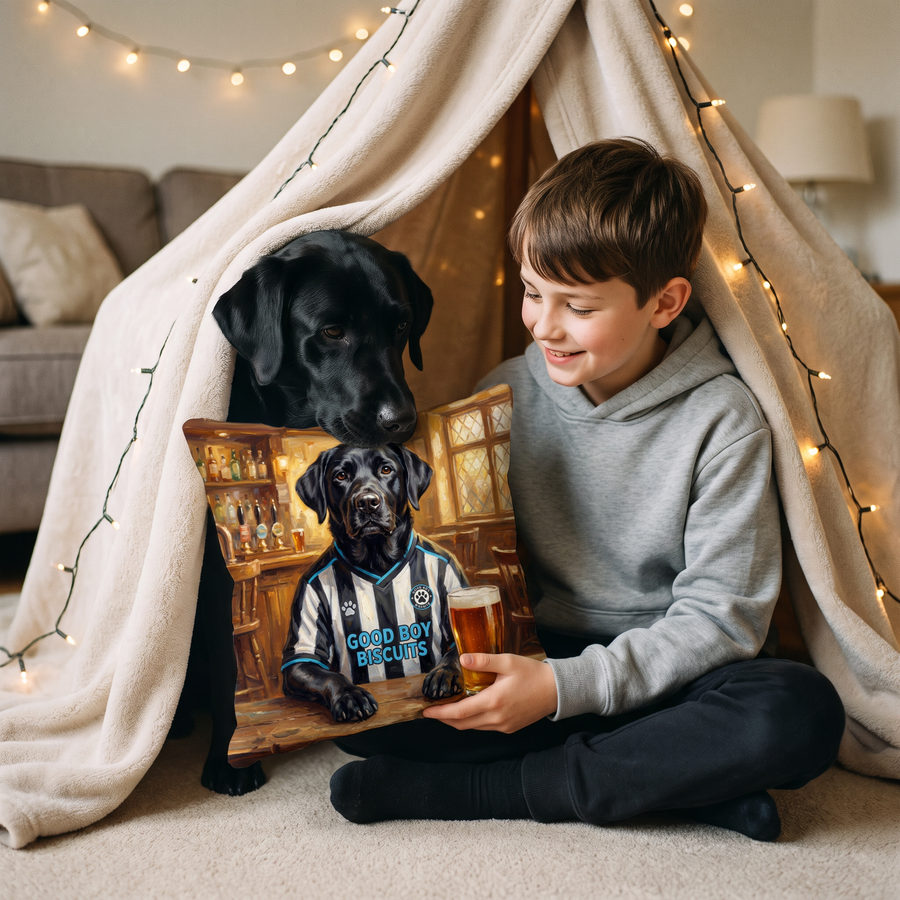 Petcastle United pet portrait cushion 26cm x 26cm being enjoyed at home