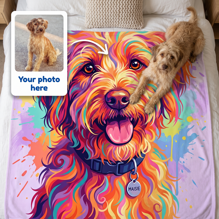 Your photo here - your pet's photo turned into a Paint Splash portrait on a king size fleece blanket